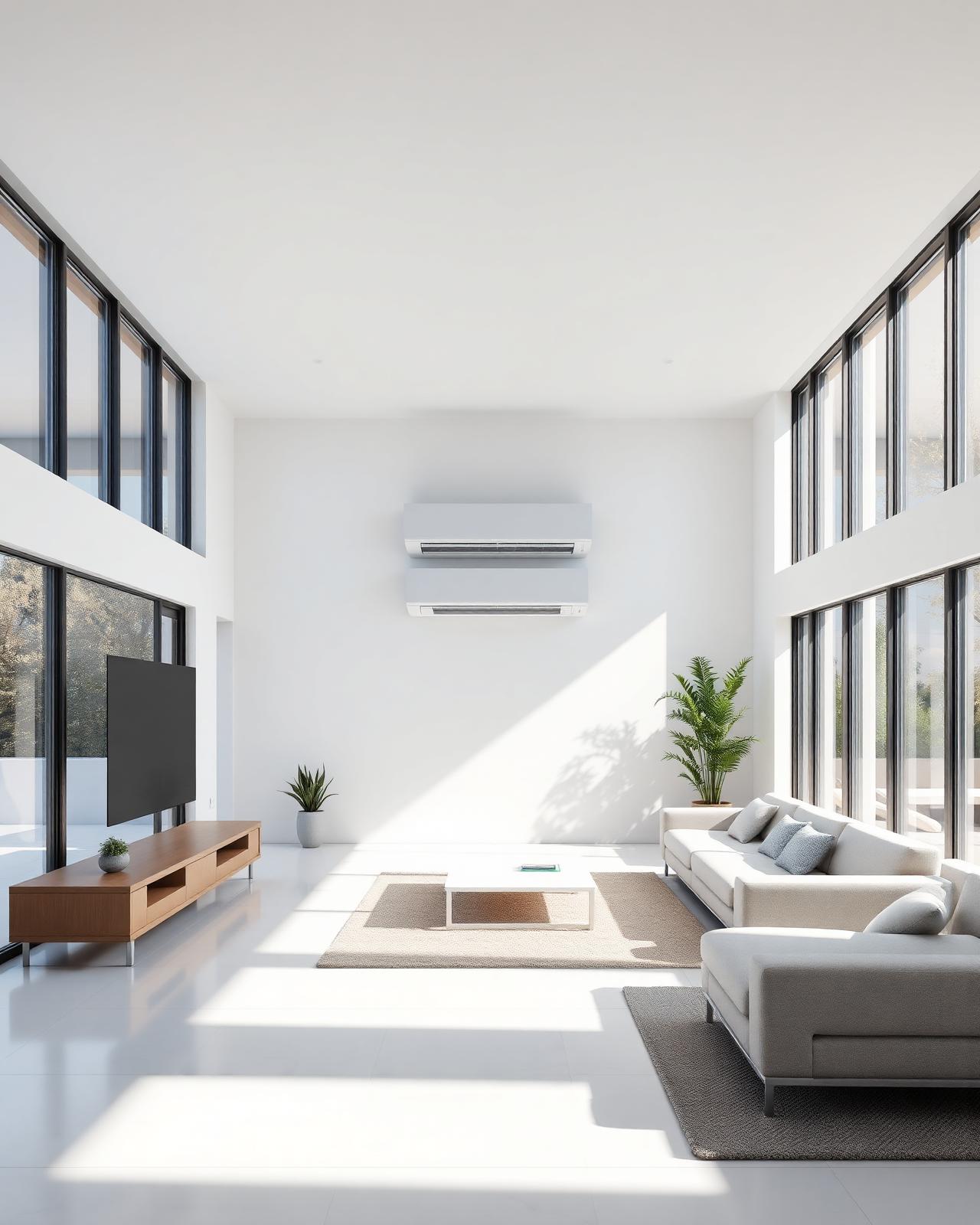 Salon moderne lumineux équipé d'une climatisation murale design